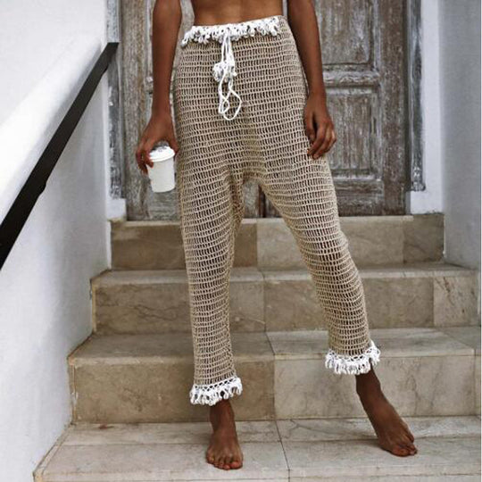 Damen Häkel-Strandleggings mit dekorativen Fransen und elastischem Bund R&B