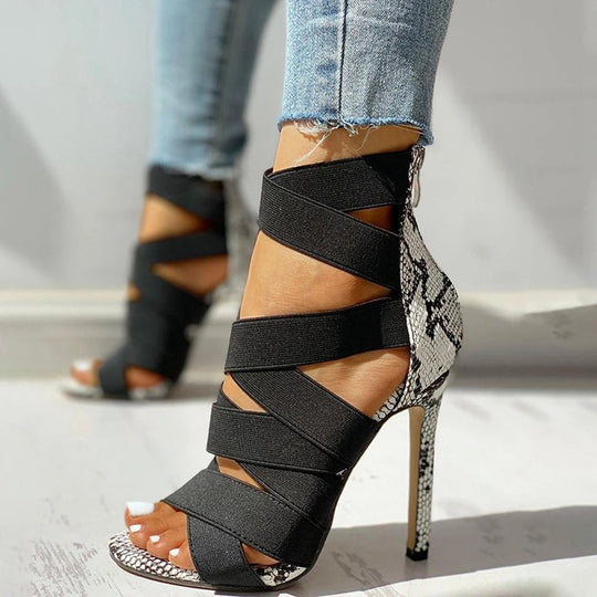 Damen elegante Stilettos mit verstellbaren Riemen und Schlangenleder-Optik R&B