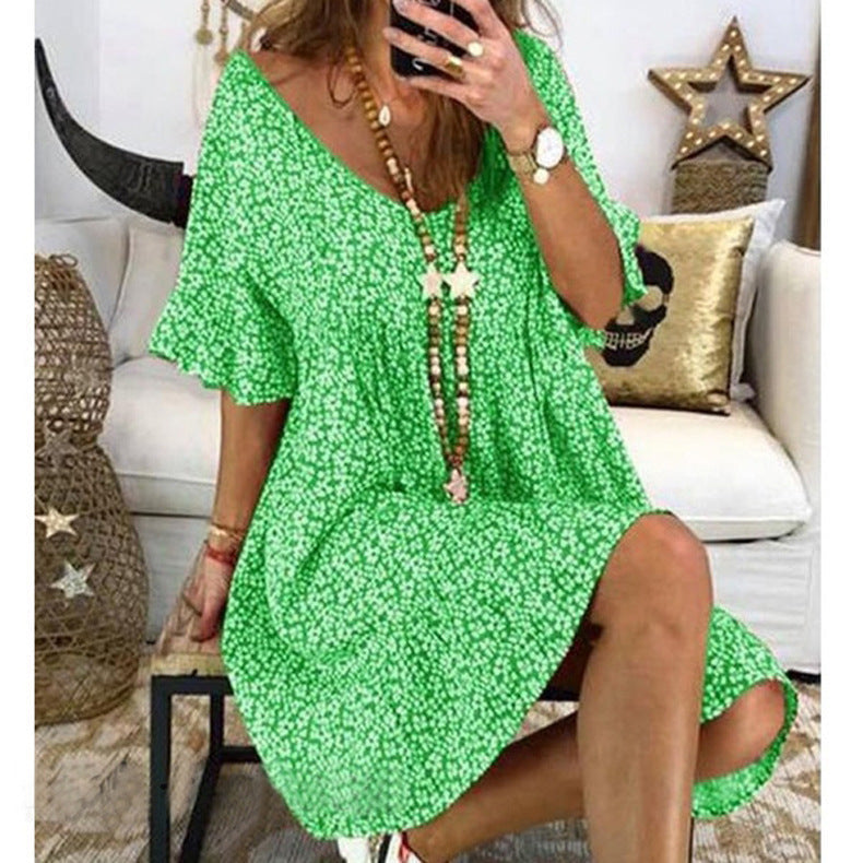 Damen lässiges Freizeitkleid mit voluminösen Ärmeln und tiefem V-Ausschnitt