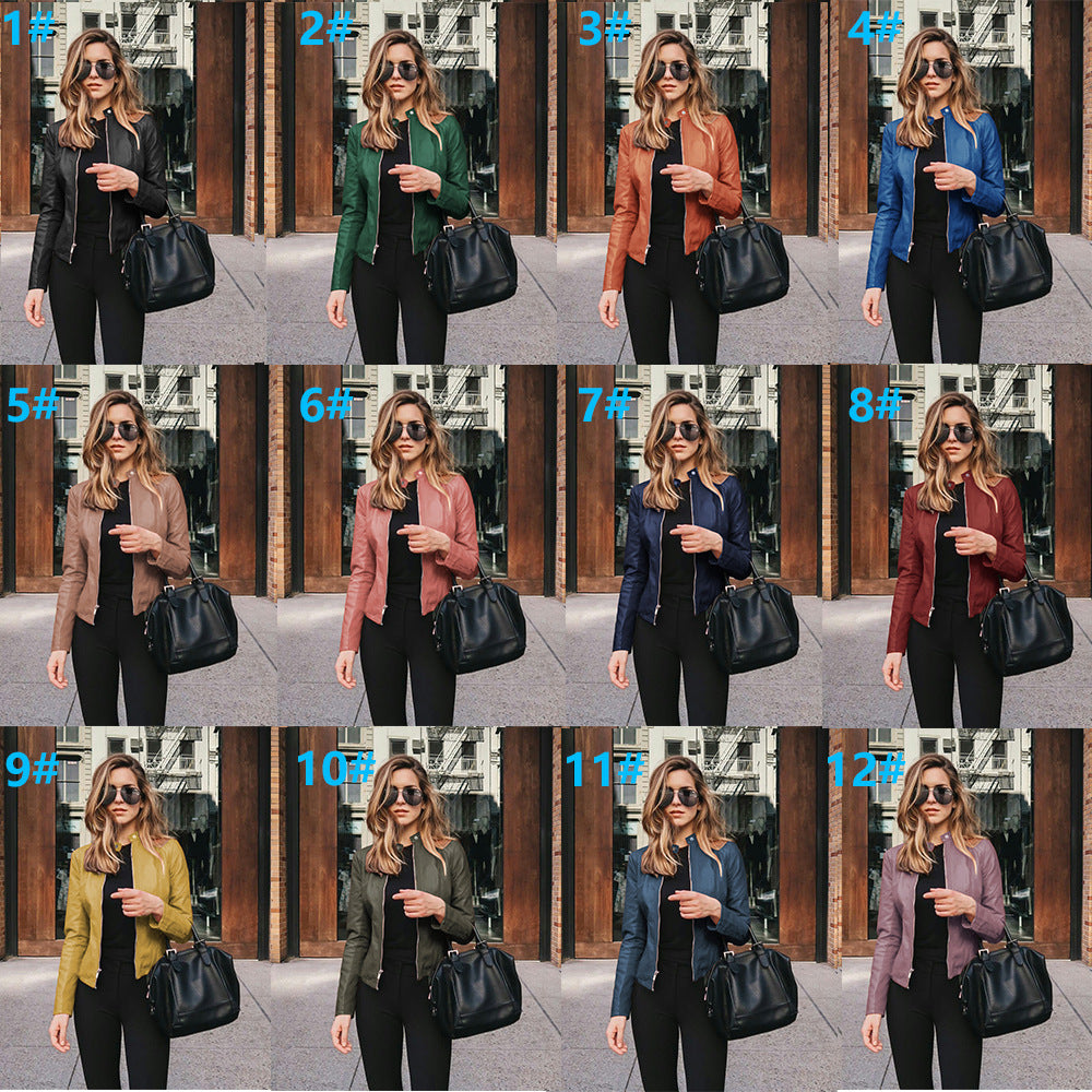 Damen nan schmal geschnittene Lederjacke mit Stehkragen und Zwei-Wege-Reißverschluss R&B