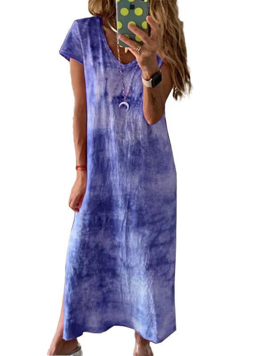 Damen Maxikleid mit kreativem Batikdesign und V-Ausschnitt R&B