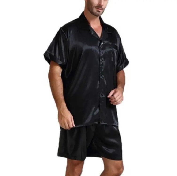 Unisex nan seidig-glänzendes Kurzarm-Pyjama-Set mit Hemdkragen und elastischem Bund R&B