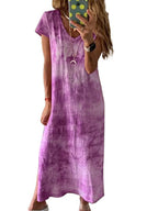 Damen Maxikleid mit kreativem Batikdesign und V-Ausschnitt R&B