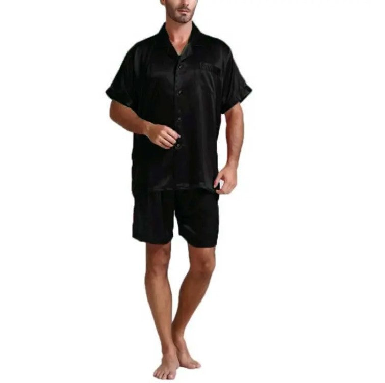 Unisex nan seidig-glänzendes Kurzarm-Pyjama-Set mit Hemdkragen und elastischem Bund R&B