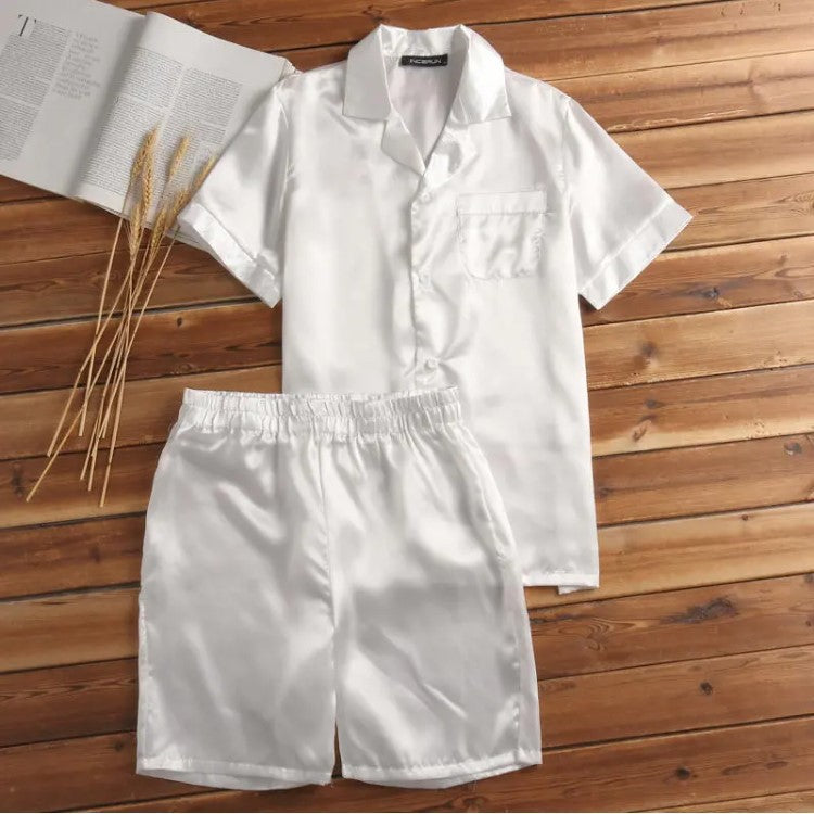 Unisex nan seidig-glänzendes Kurzarm-Pyjama-Set mit Hemdkragen und elastischem Bund R&B