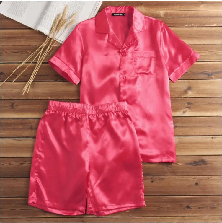 Unisex nan seidig-glänzendes Kurzarm-Pyjama-Set mit Hemdkragen und elastischem Bund R&B