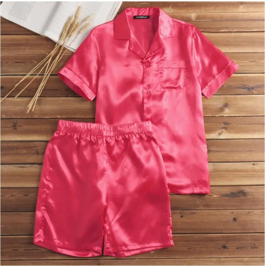 Unisex nan seidig-glänzendes Kurzarm-Pyjama-Set mit Hemdkragen und elastischem Bund R&B
