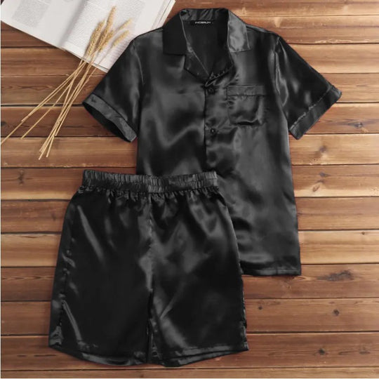 Unisex nan seidig-glänzendes Kurzarm-Pyjama-Set mit Hemdkragen und elastischem Bund R&B