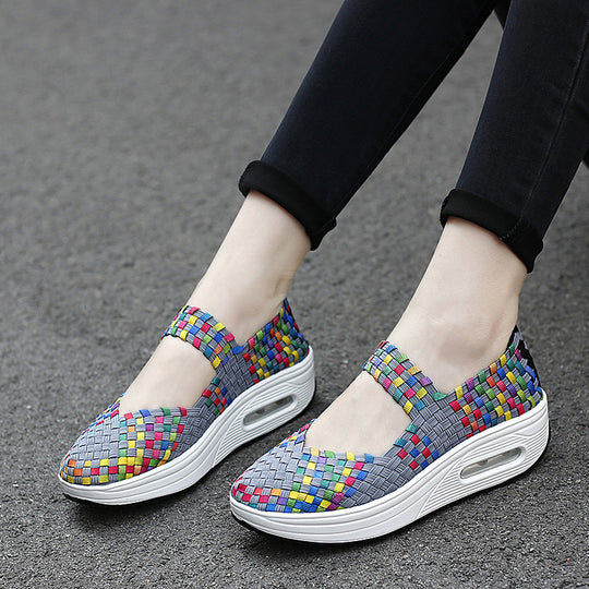 Damen nan gewebter Mary-Jane-Sneaker mit elastischem Flechtoberteil, Klettverschluss und luftgepolsterter Plateausohle R&B