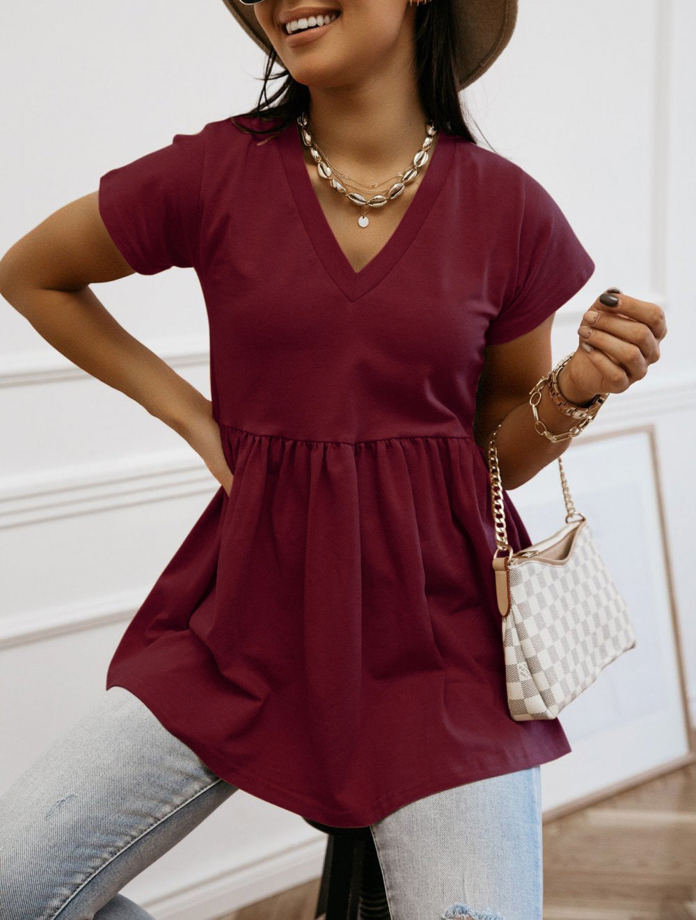Damen Tunika mit elegantem V-Ausschnitt und fließendem Schnitt R&B