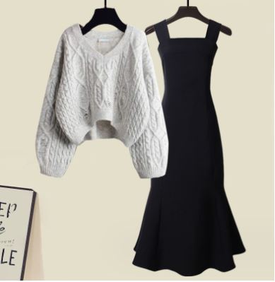 R&B | Zweiteiliges Satz Aus Hochwertigem Kreuzstrickpullover und Fishtail Kleid