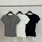 Damen Kurzarm T-Shirt mit Knopfleiste Slim Fit