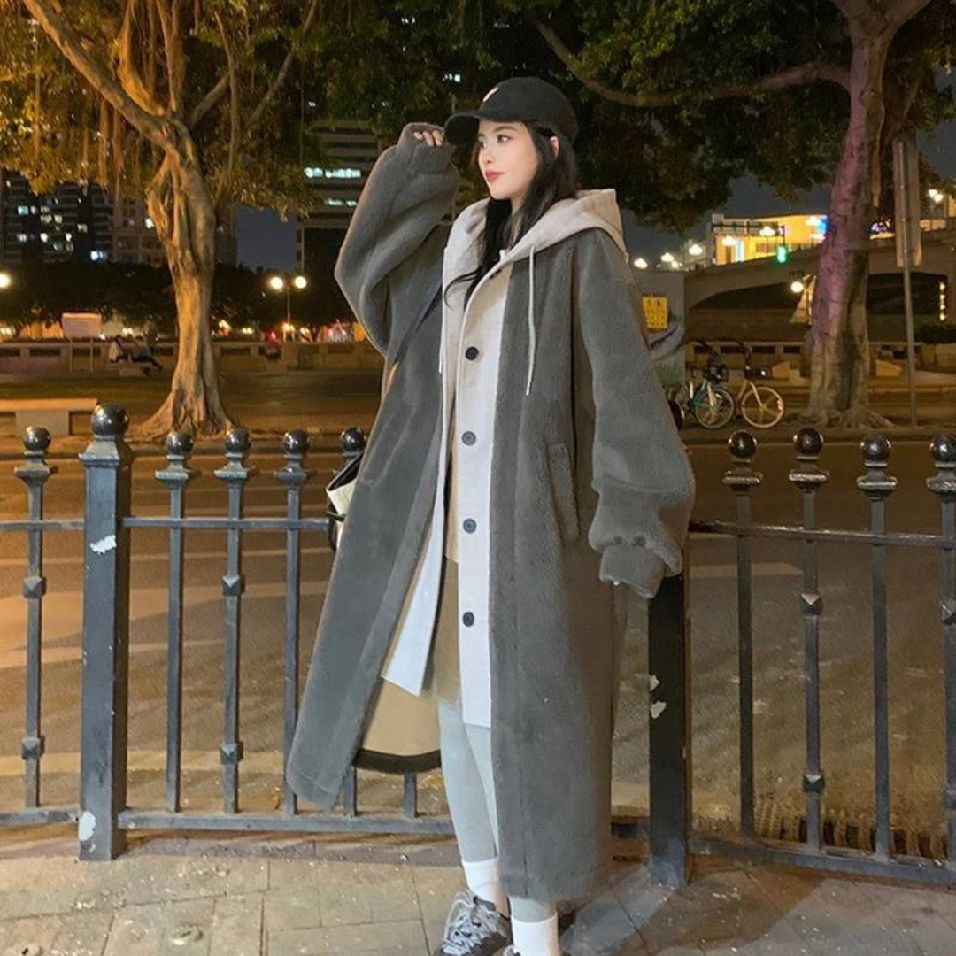R&B | Winter Lange Kapuzen Oversize Jacke Knopf Leiste