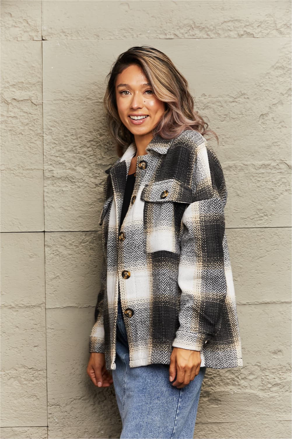 R&B | Karo Gesenkte Schulter Kragenjacke