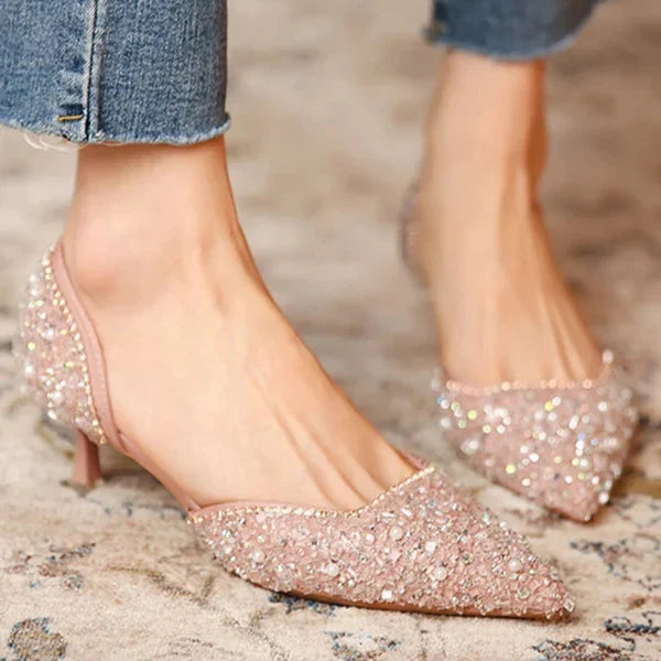 R&B | Stilvolle Schuhe mit Spitzer Zehe und Mittlerem Absatz mit Glitzeroberfläche