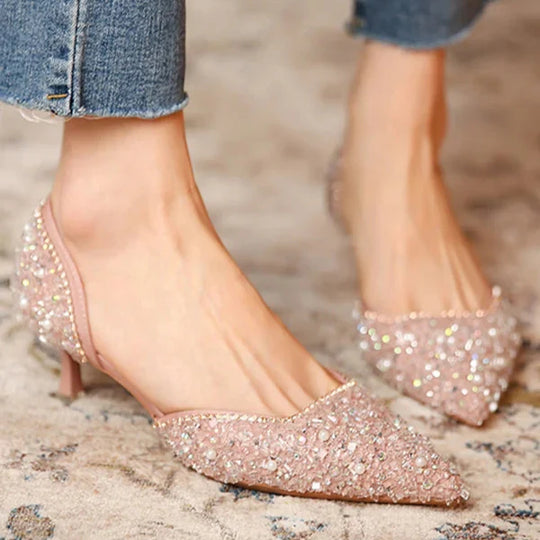 R&B | Stilvolle Schuhe mit Spitzer Zehe und Mittlerem Absatz mit Glitzeroberfläche