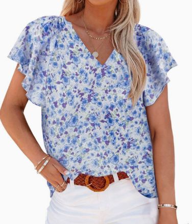 Damen Bluse mit floralem Muster und tiefem V-Ausschnitt R&B