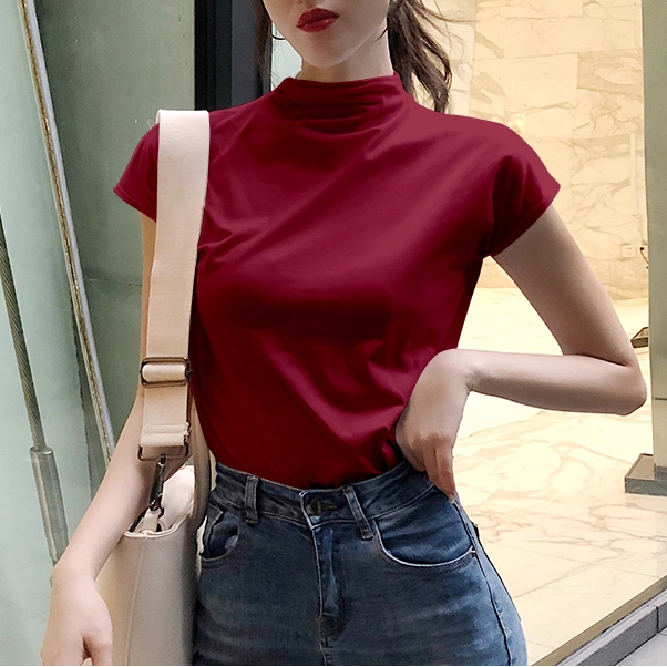 Damen modernes Kurzarm-Oberteil mit hohem Stehkragen und strukturiertem Design R&B