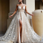 Damen Funkelndes Chiffon Abendkleid mit tiefem Schlitz und transparentem Rock R&B
