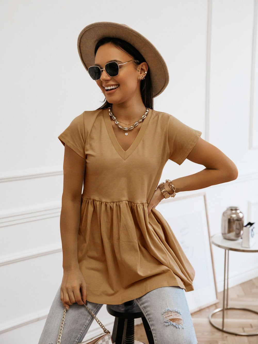 Damen Tunika mit elegantem V-Ausschnitt und fließendem Schnitt R&B