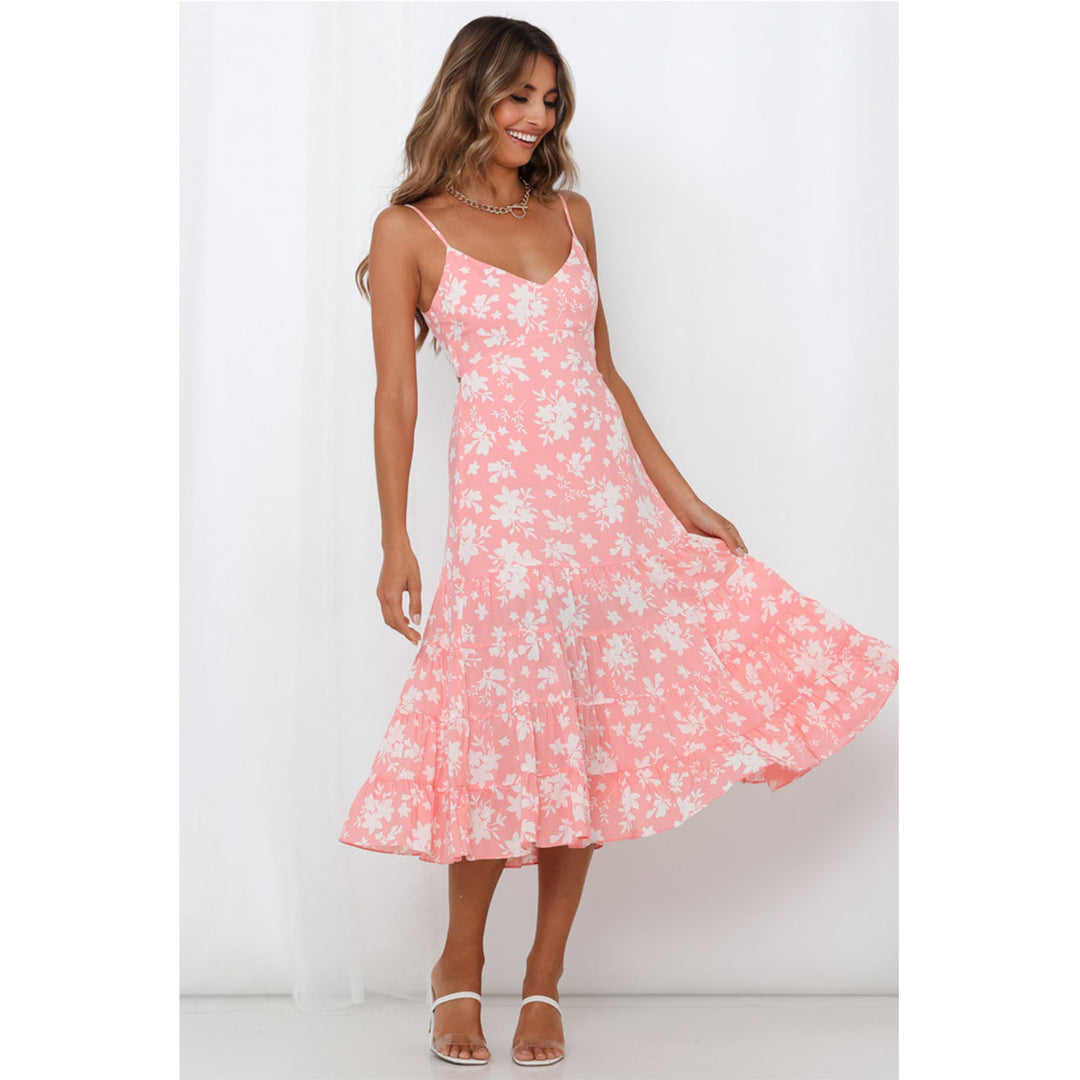 Damen Midi-Kleid mit floralen Rüschen und schwingendem Rock R&B