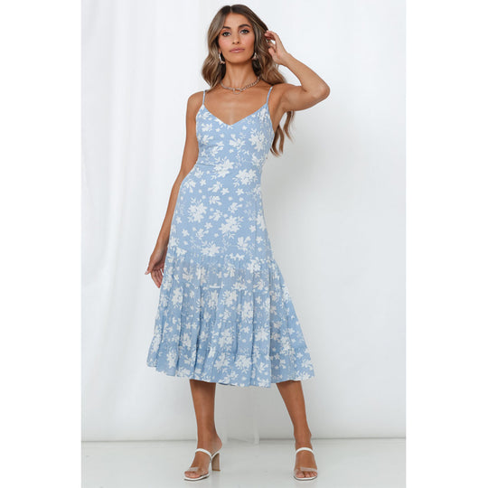 Damen Midi-Kleid mit floralen Rüschen und schwingendem Rock R&B