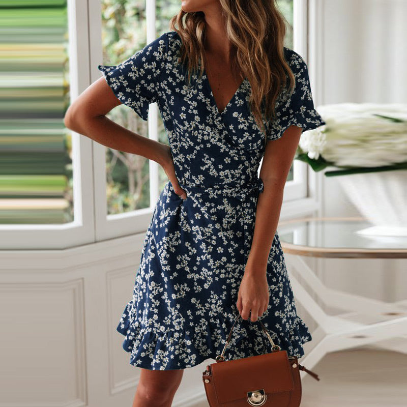 Damen luftiges Strandkleid mit Rüschensaum und floralem Muster R&B