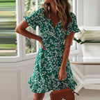 Damen luftiges Strandkleid mit Rüschensaum und floralem Muster R&B