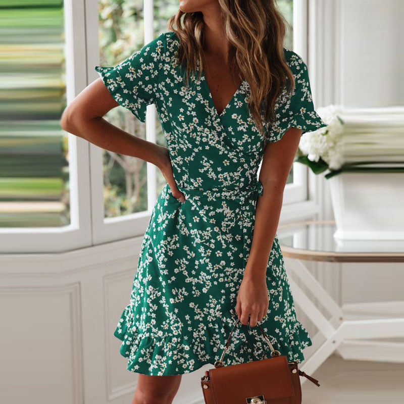 Damen luftiges Strandkleid mit Rüschensaum und floralem Muster R&B