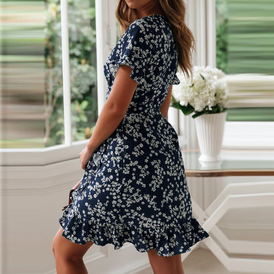 Damen luftiges Strandkleid mit Rüschensaum und floralem Muster R&B