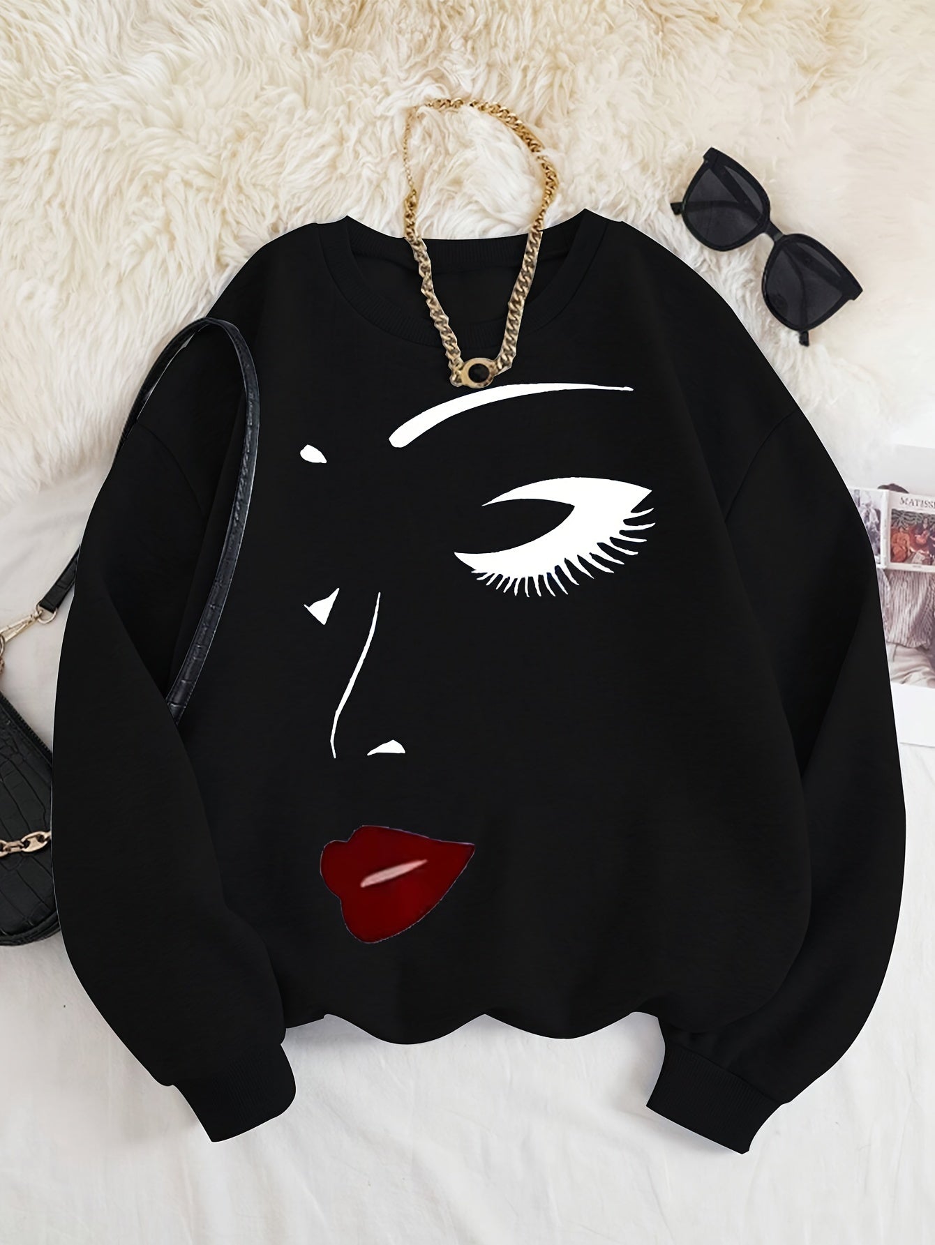 R&B | Sweatshirt mit Gesichtsdruck Baumwolle Künstlerisch und Bequem