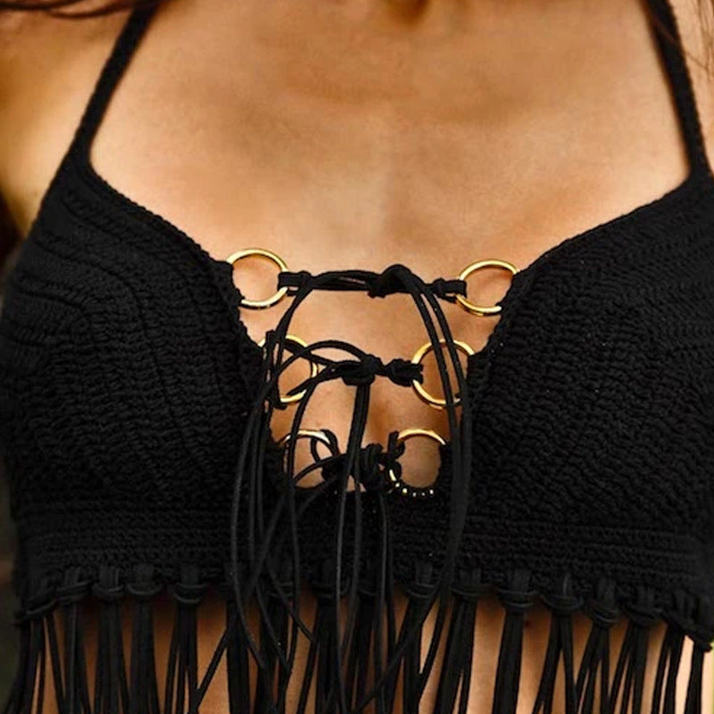 Damen Häkel-Bikini-Oberteil mit Fransen und dekorativen Ringen R&B