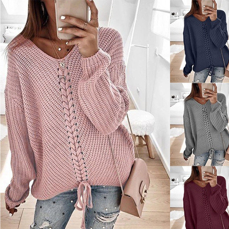 Damen lässiger Strickpullover mit modischem Schnürdetail R&B