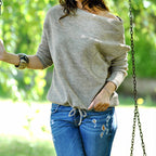 Damen lässiger Strickpullover mit hohem Rundhalsausschnitt und praktischer Tasche R&B