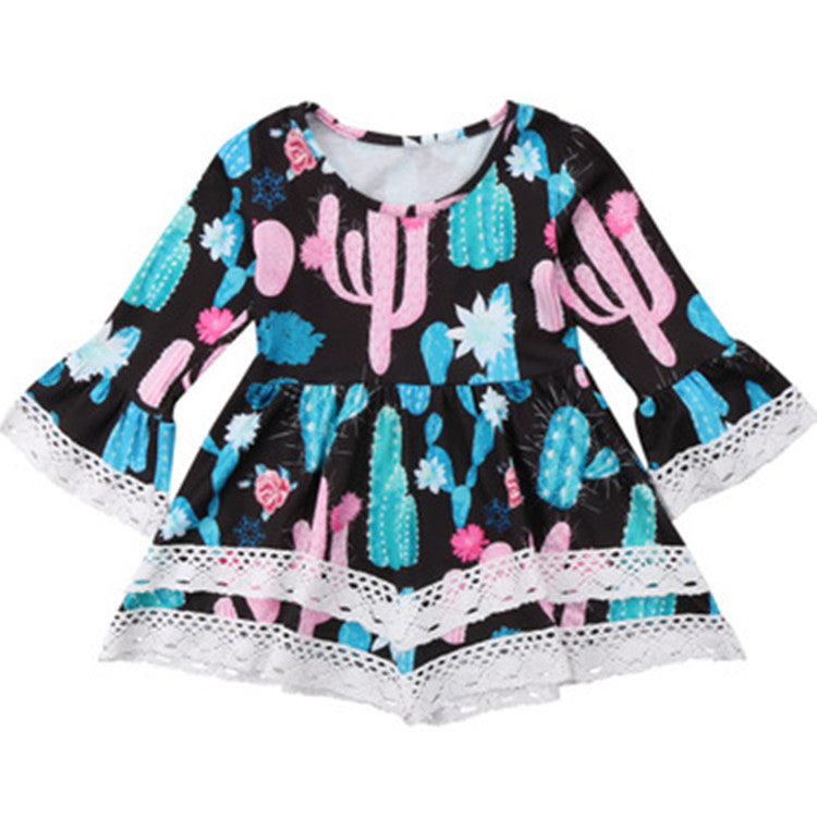 Damen Sommerliches Kleid mit kreativem Kaktus-Design und Spitzenakzenten EB