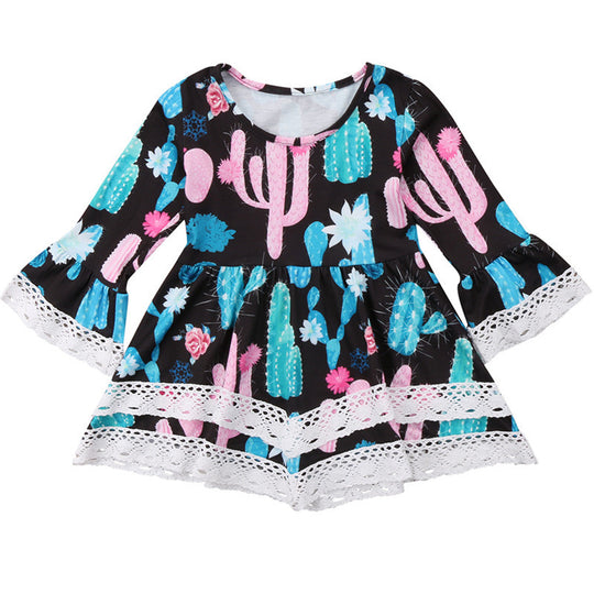 Damen Sommerliches Kleid mit kreativem Kaktus-Design und Spitzenakzenten R&B