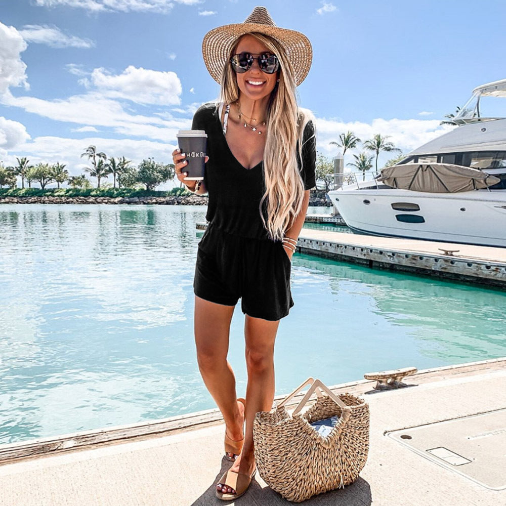 Damen bequemer Sommer-Jumpsuit mit V-Ausschnitt und elastischem Bund R&B