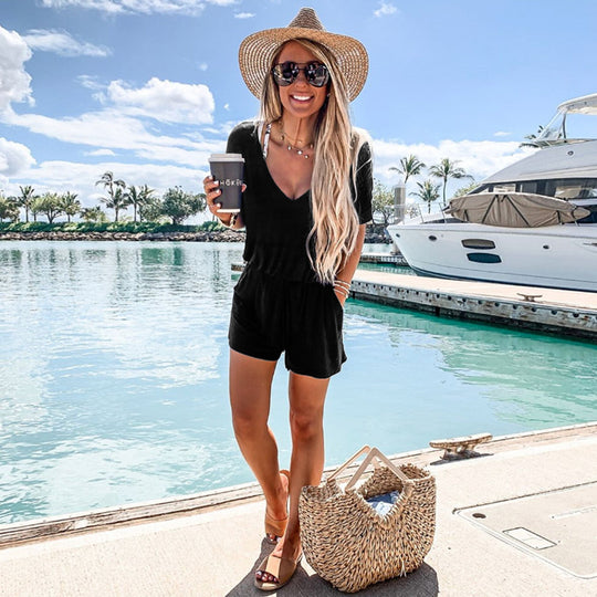 Damen bequemer Sommer-Jumpsuit mit V-Ausschnitt und elastischem Bund R&B