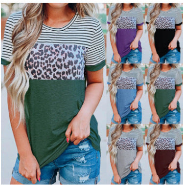 Damen Modisches T-Shirt mit Streifen- und Leoprint-Design R&B