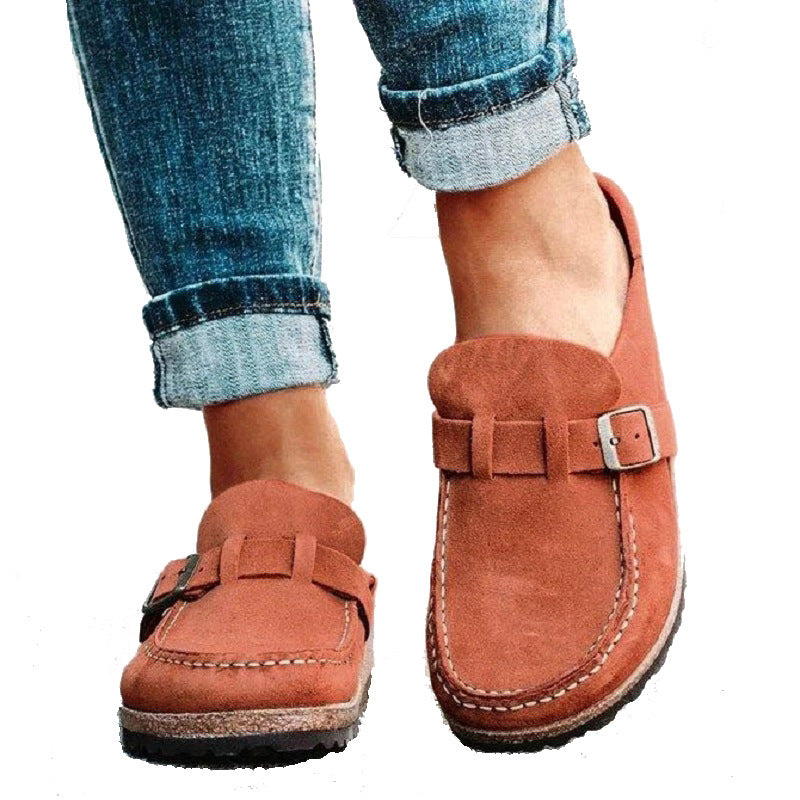 Damen nan lässige Velours-Mokassin-Mule mit verstellbarer Schnallenlasche und Kork-Zwischensohle R&B