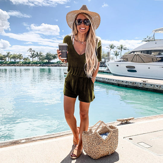 Damen bequemer Sommer-Jumpsuit mit V-Ausschnitt und elastischem Bund R&B