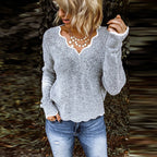 Damen kuscheliger Strickpullover mit tiefem V-Ausschnitt und gewellten Abschlüssen R&B