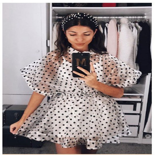 Damen Polka-Dots Chiffon-Kleid mit voluminösen Ärmeln und elastischer Taille R&B