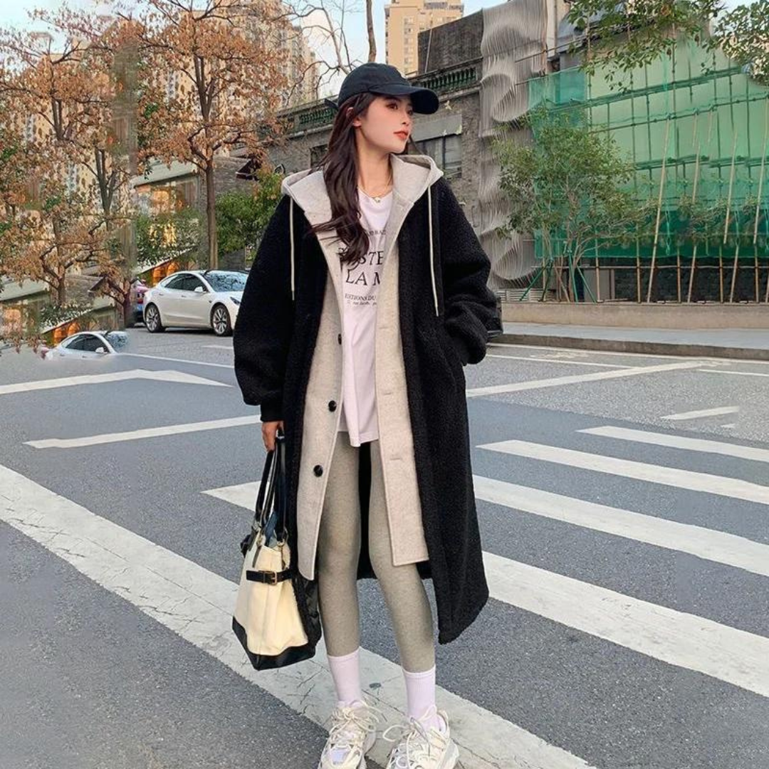 R&B | Winter Lange Kapuzen Oversize Jacke Knopf Leiste