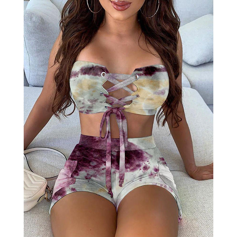 Damen Crop-Top und Shorts Set mit Schnürung und verspieltem Design R&B