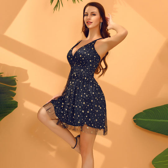 Damen Sommerliches Kleid mit tiefem V-Ausschnitt und filigranem Sternemuster R&B