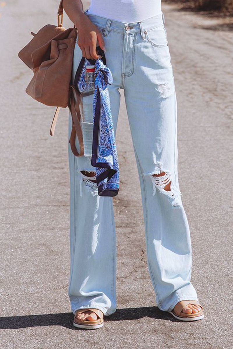 R&B | Street Solid Ripped Make Old Straight Mid Taille Weit Bein Einfarbige Hosen - 3 Farben