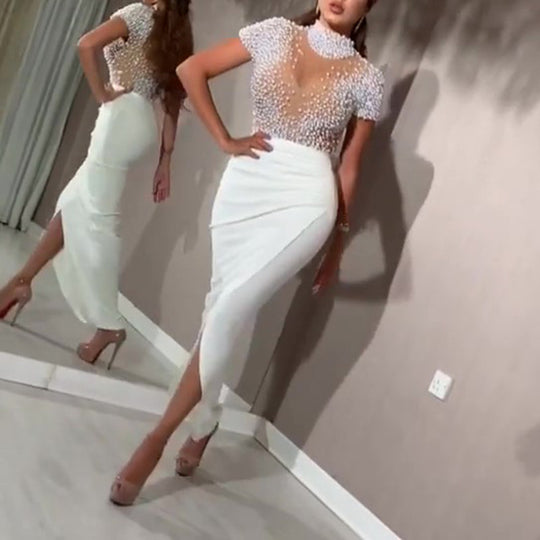 Damen elegantes Maxikleid mit transparentem Oberteil und schimmernden Perlen R&B