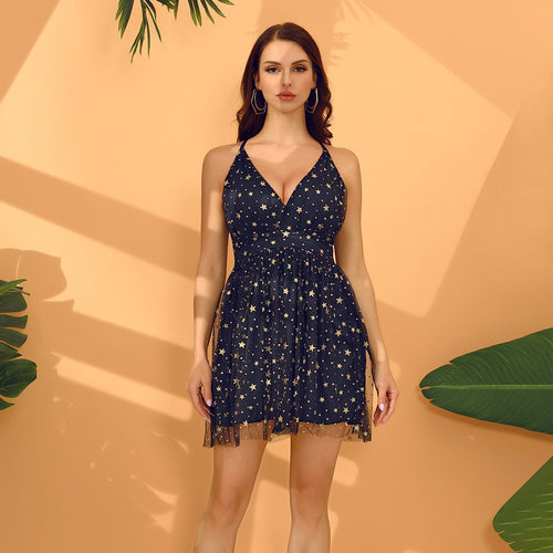 Damen Sommerliches Kleid mit tiefem V-Ausschnitt und filigranem Sternemuster R&B