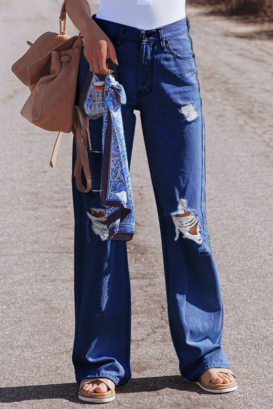 R&B | Street Solid Ripped Make Old Straight Mid Taille Weit Bein Einfarbige Hosen - 3 Farben